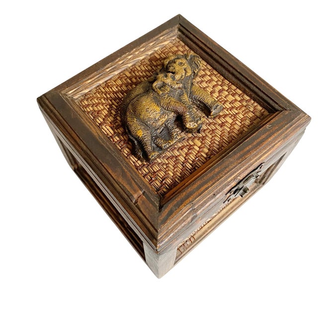 Vintage Thai Woven Wooden Box With Elephants | 5 Coasters For Sale - Image 4 of 4