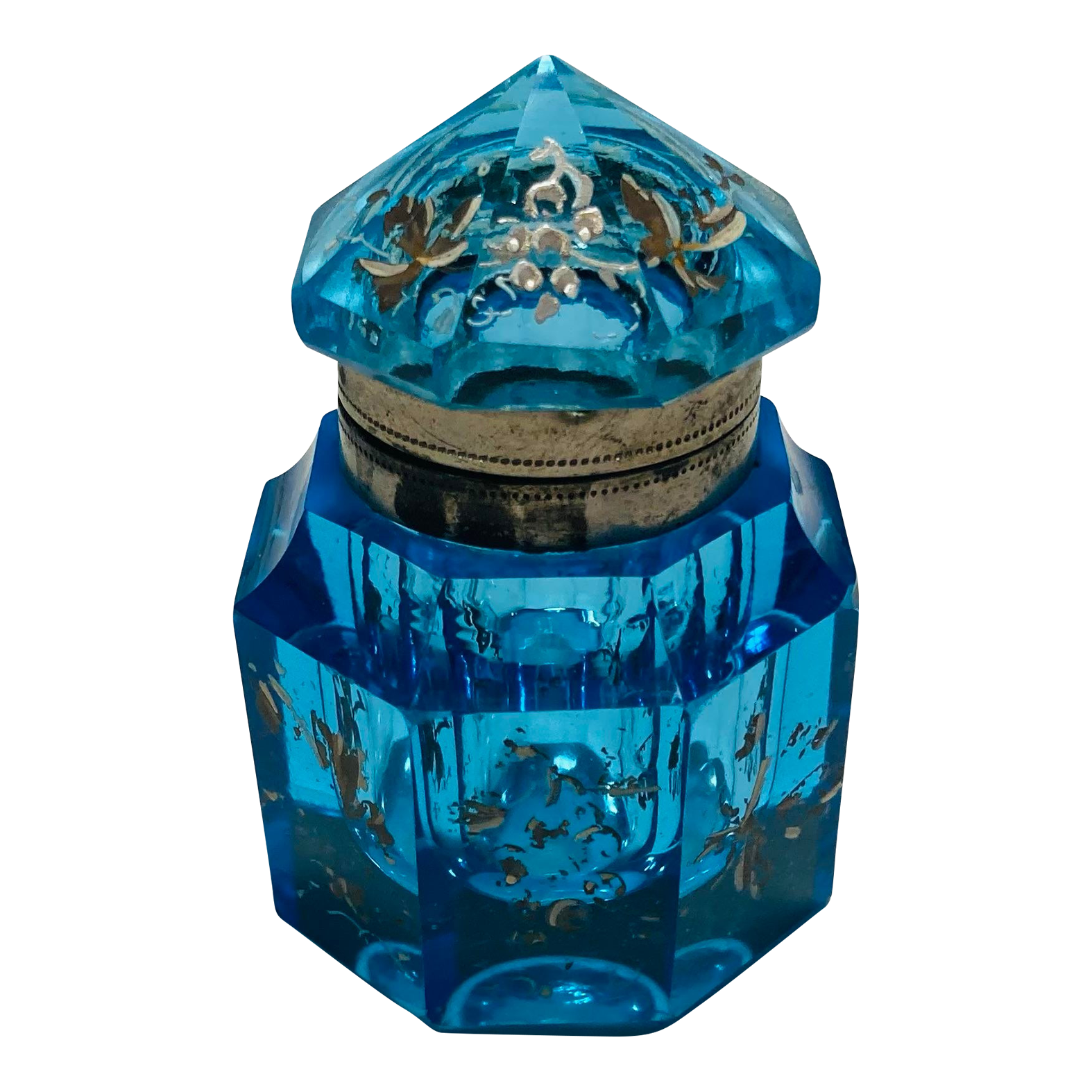 Antique Blue Faceted Crystal Artdeco Inkwell or Fragrance Holder