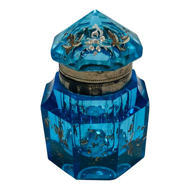 Antique Blue Faceted Crystal Artdeco Inkwell or Fragrance Holder Enamel Painted Flowers For Sale