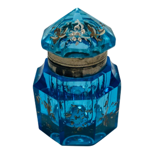 Antique Blue Faceted Crystal Artdeco Inkwell or Fragrance Holder Enamel Painted Flowers