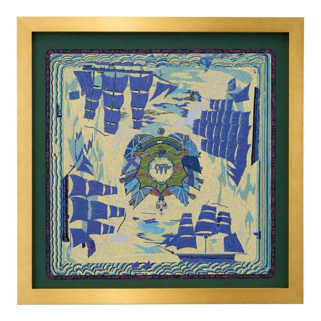 Authentic Original Hermès Art Advertisement Print Maritime Sailing Ships Silk Scarf Art Print Framed Nautical Wall Art French Luxury Decor For Sale
