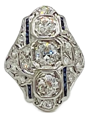 Mid 20th Century Round Diamond & Square Sapphire Art Deco Ring in 18 White Gold, Size 3.5