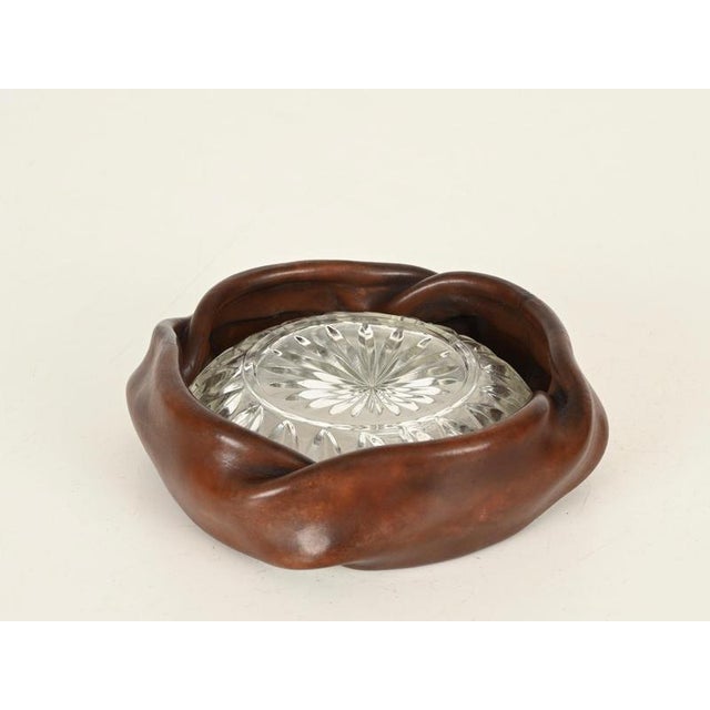 Curved Nova Ashtray in Brown Leather and Cut Crystal from Tecno, Italy, 1950s For Sale - Image 11 of 12