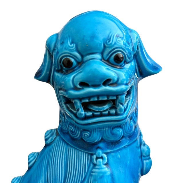 Chinoiserie Vintage Pair Turquoise Blue Chinese Foo Dogs Guardian Lions on Pedestals – 12” Tall For Sale - Image 3 of 10