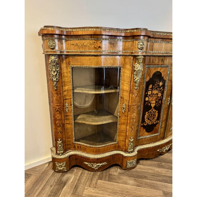 Antique Victorian Walnut Marquetry Inlaid Credenzas, 1880s, Set of 2 For Sale - Image 17 of 18