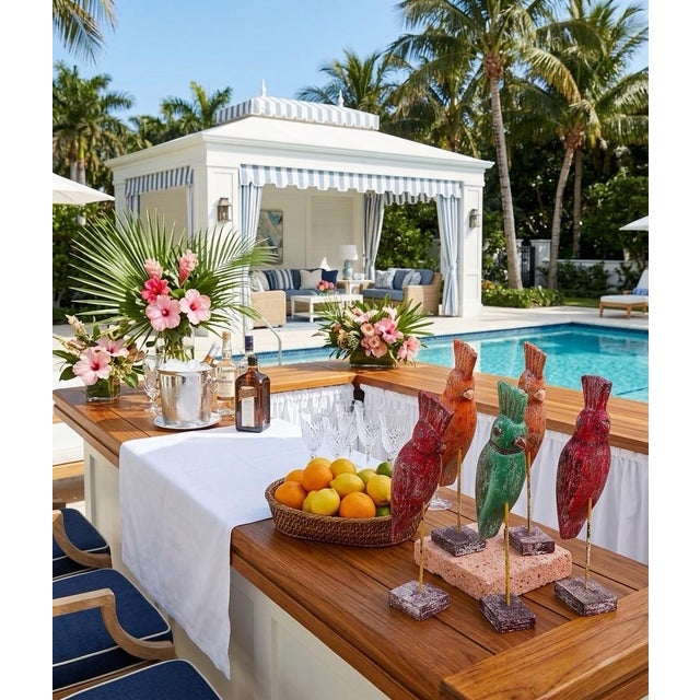 Vintage Indian Hand-Carved & Painted Wooden Parrots on Stands - Set of 6 For Sale - Image 10 of 11