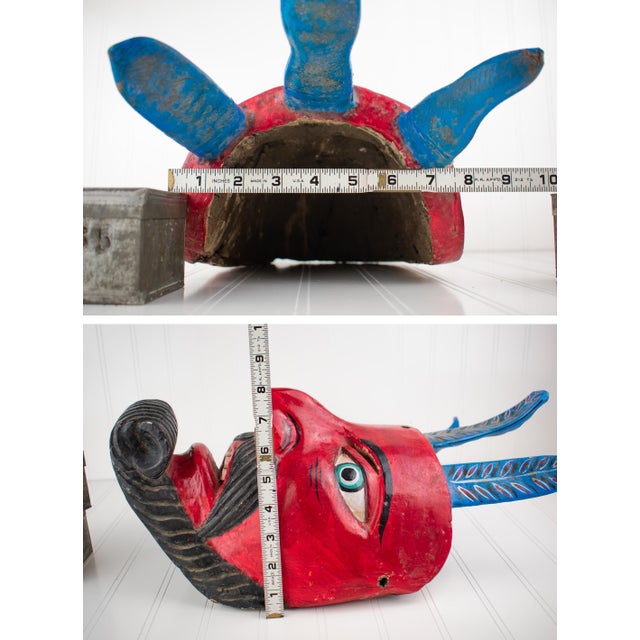 Large Vintage Hand Carved Red Diablo Costume Mask With Beard & Blue Feathers For Sale - Image 18 of 18