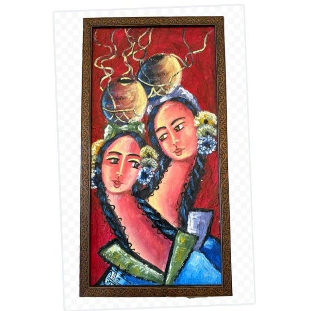 1990s Original Signed Oil Painting Exaggerated Portrait Latin Sisters Bohemian, Framed For Sale - Image 11 of 11