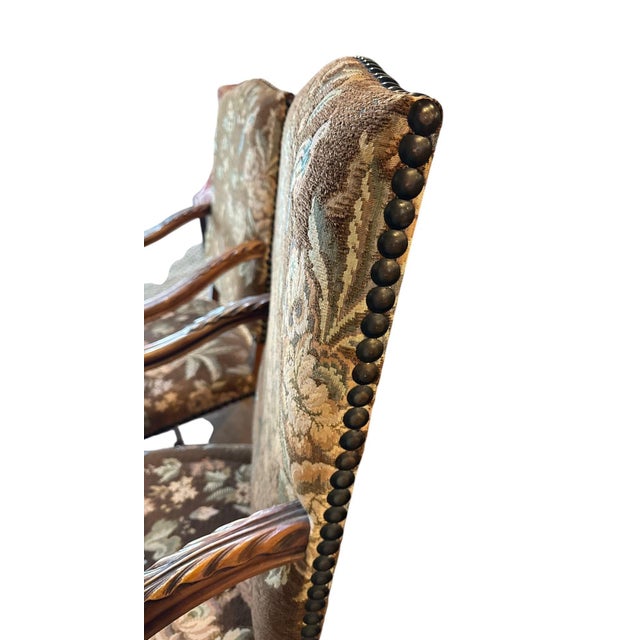 1900 - 1909 French Walnut Continental Arm Chairs in Vintage Floral Fabric, Pair For Sale - Image 5 of 11