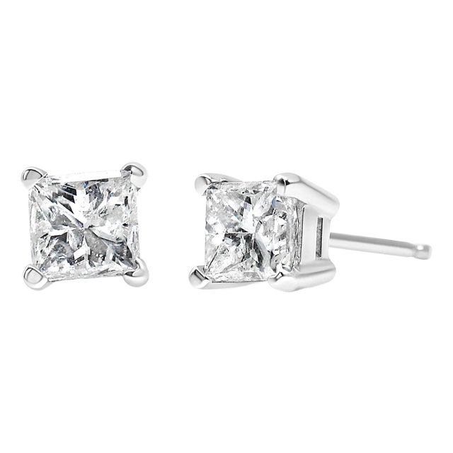 AGS Certified 14K White Gold 3/8 Cttw 4-Prong Set Princess-Cut Solitaire Diamond Push Back Stud Earrings (I-J Color, SI2-I1 Clarity) - 2 Pieces For Sale