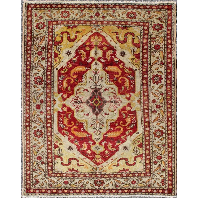Textile Early 20th Century Antique Turkish Fine Sivas Rug With Center Medallion in Red, Yellow & Light Green For Sale - Image 7 of 7