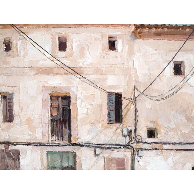 This artwork depicts a rustic façade of a building in Capdepera, Mallorca, characterized by its weathered white walls and...