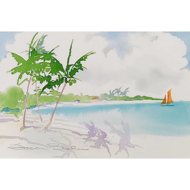 Small Contemporary Tropical Beach Palm Tree Watercolor Painting For Sale - Image 4 of 4