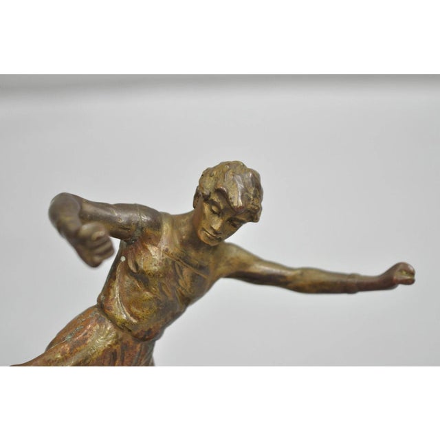 Early 20th Century Early 20th Century Antique Art Deco Small 6" Bronze Onyx Base Soccer Futbol Player Sculpture Figure For Sale - Image 5 of 11
