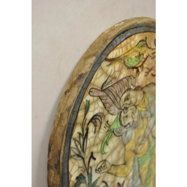 Antique Persian Iznik Qajar Style Ceramic Pottery Oval Tile Couple Embrace C3 For Sale In Philadelphia - Image 6 of 9