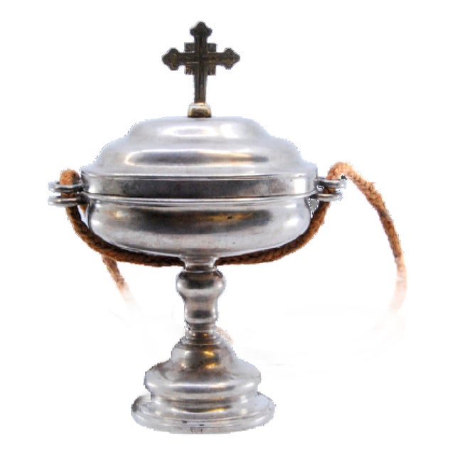 Silver Pyx with Cross on the Lid and Suspension Cord For Sale