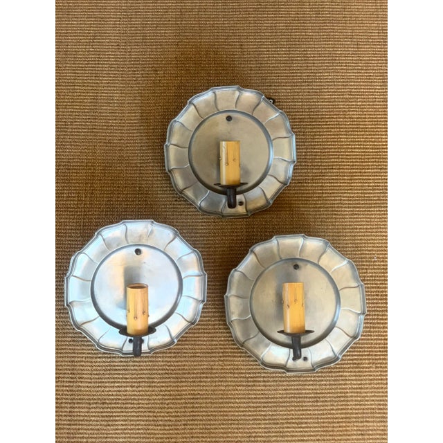 1910s Pewter and Iron Pie Crust Wall Sconces - Set of 3 For Sale In Los Angeles - Image 6 of 8