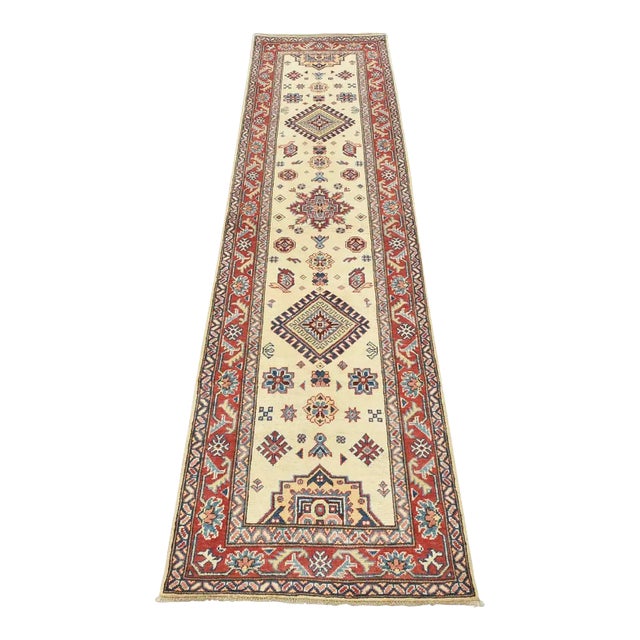 Kazak Runner 2’9” X 9’8” Beige Wool Tribal Hand-Knotted Oriental Rug For Sale