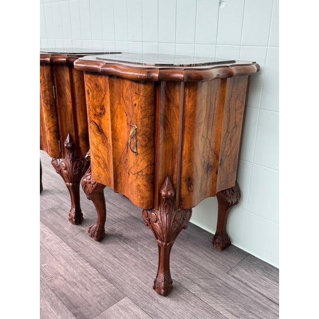 Vintage Walnut Bedside Tables with Marble Top, 1930s, Set of 2 For Sale - Image 6 of 18
