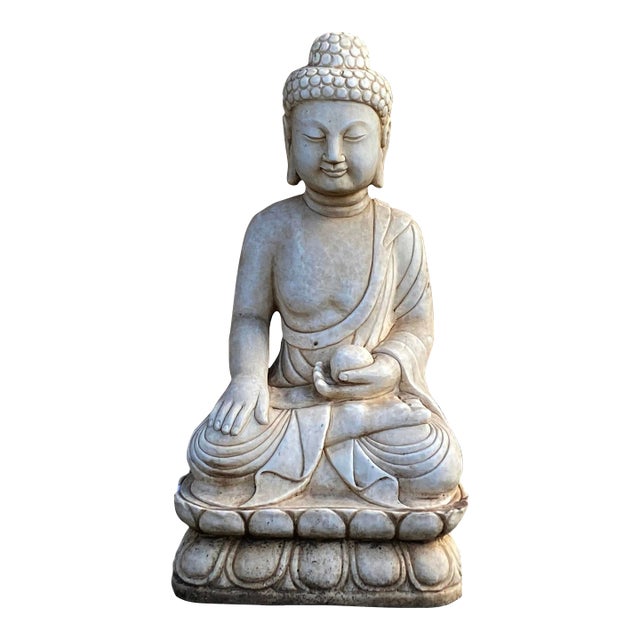 Chinese Oriental Distressed White Marble Stone Carved Sitting Buddha For Sale