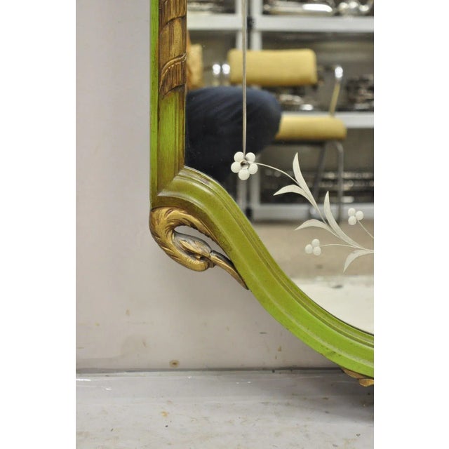 Early 20th Century French Louis XVI Style Plume Swan Carved Green Painted Leafy Etched Wall Mirror For Sale - Image 4 of 11