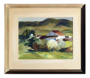 1946 Country House Landscape Watercolor Painting by Rene Weaver, Framed