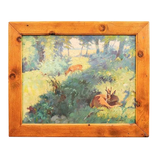 Circa 1920 Deer in the Woods Oil on Panel Painting by Bert Fricke Wolfenbuttel For Sale