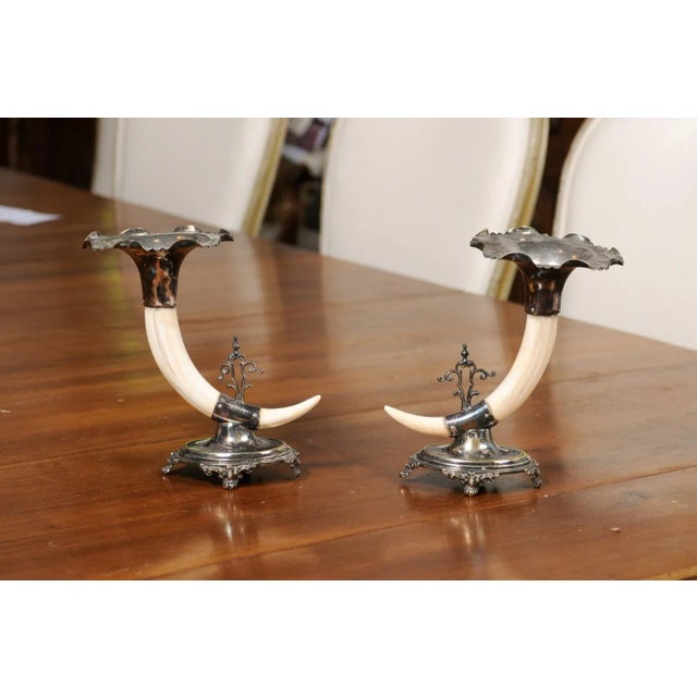 A pair of English Victorian period game animal horns on sheffield mounts from the 19th century stamped Joseph Rodgers &...