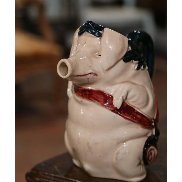 French Early 20th Century French Painted Ceramic Barbotine Pig Pitcher, Signed Orchies For Sale - Image 3 of 5