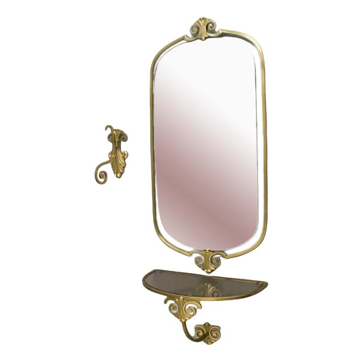 Large Mid-Century Set with Wall Mirror, Wall Console, & Hook, Set of 3 ...