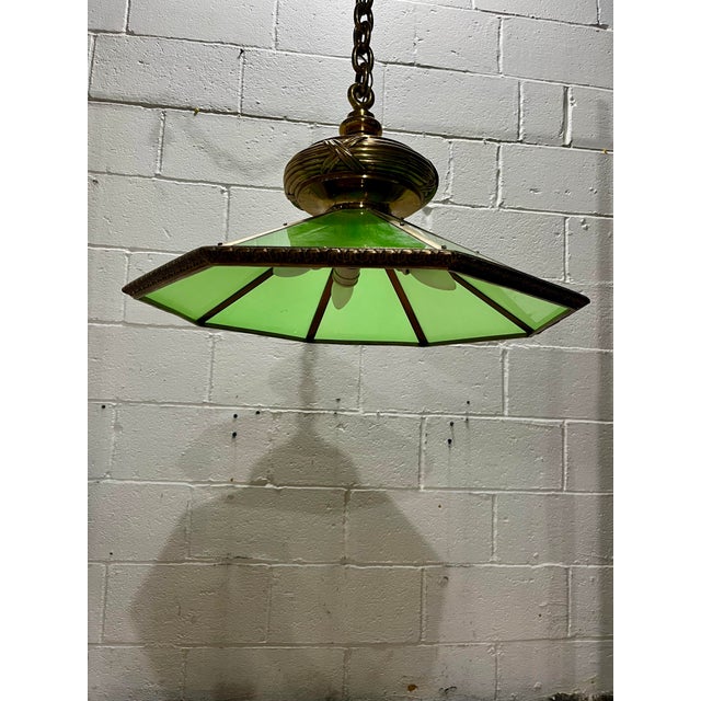 Mid 20th Century Vintage Brass & Green Glass Octagonal Three-Light Pendant Chandelier For Sale - Image 5 of 12