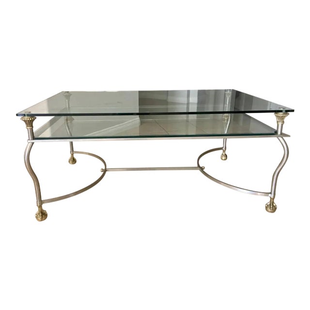 1960s Jansen Style Brass Steel Claw Feet Coffee Table For Sale