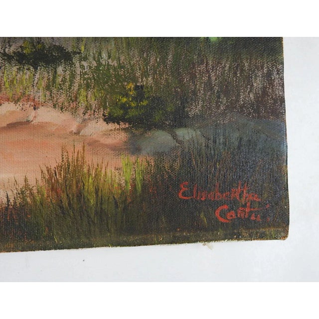 Vintage late 20th century oil on canvas painting of pointer hunting dog flushing quail at an old ranch with stock tank and...