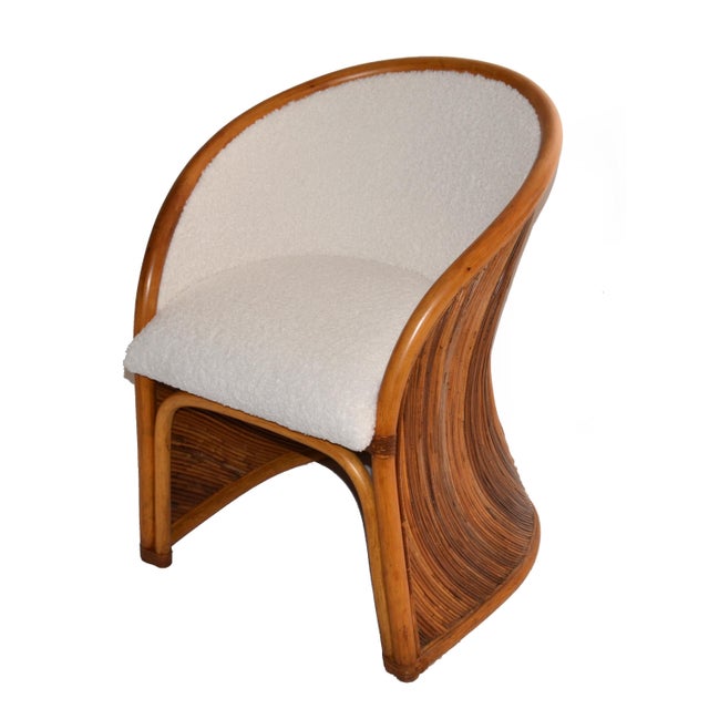 Pair of Rattan Lounge Chairs in the style of Gabriella Crespi with Bouclé Fabric Upholstery. Mid-Century Modern Boho Chic...