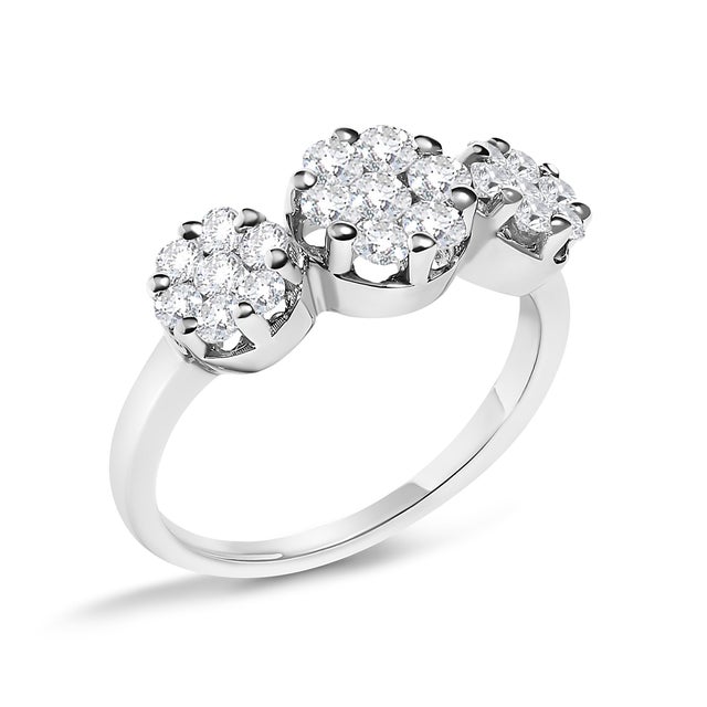 Contemporary 14K White Gold 1-1/4 Cttw Brilliant Cut Diamond Three Round Floral Clusters Engagement or Fashion Ring, Size 6.5 For Sale - Image 3 of 7