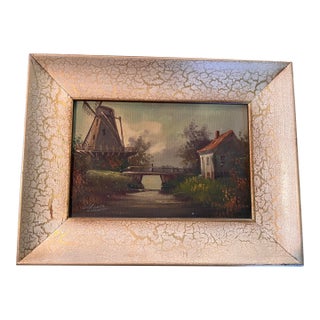 Vintage Dutch Windmill Canal Landscape Oil on Canvas, Signed, Circa 1950s For Sale