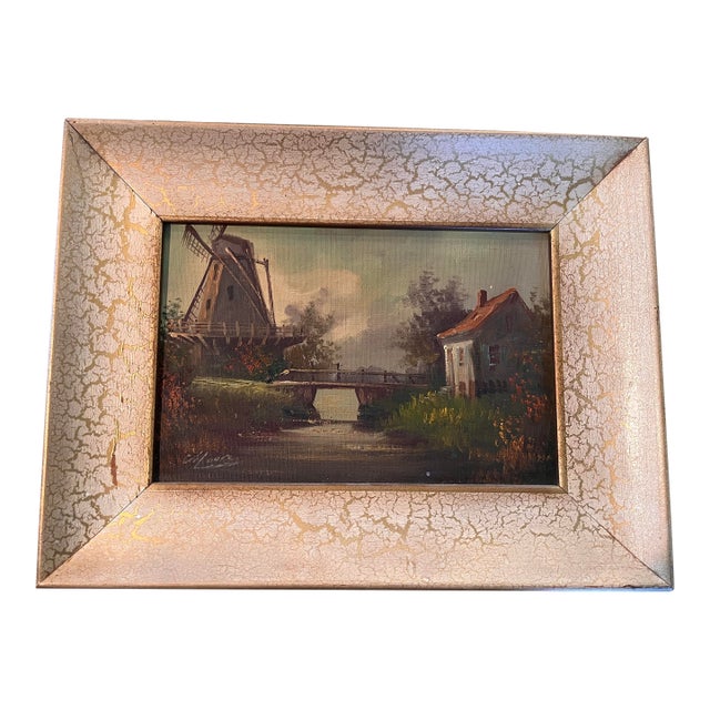 Vintage Dutch Windmill Canal Landscape Oil on Canvas, Signed, Circa 1950s For Sale