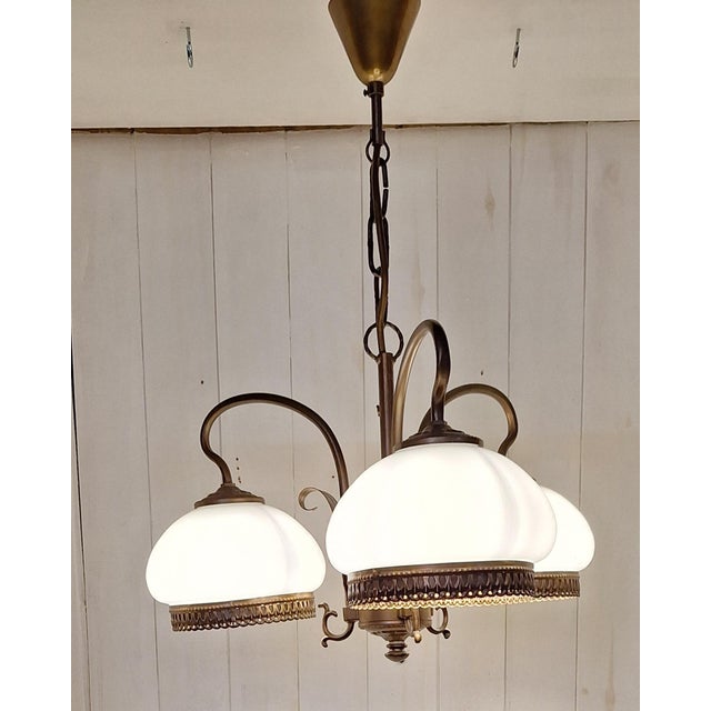 Metal Vintage Three-Light Ceiling Lamp with Brass Frame and White Glass Shades, 1980s For Sale - Image 7 of 7