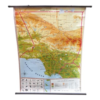 Vintage 1990's Los Angeles County Pull Down Map Classroom Chart ~ Wall Art Decor ~ La Hollywood California For Sale