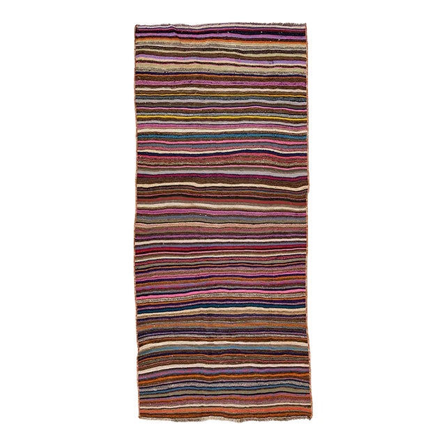 Vintage Kilim Handmade Flatweave Multicolor Striped Wool Runner For Sale