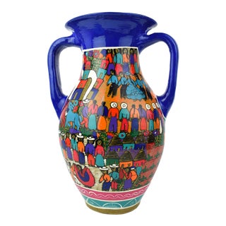 Mid 20th Century Hand Painted Festival Scene Talavera Terracotta Mexican Folk Art Vase For Sale