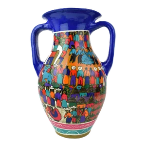 Mid 20th Century Hand Painted Festival Scene Talavera Terracotta Mexican Folk Art Vase