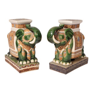 Matched Pair of Chinese Polychrome Decorated Stoneware Elephant Form Garden Seats For Sale