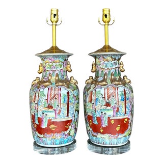 Vintage Asian Rose Famile Lamps - A Pair For Sale