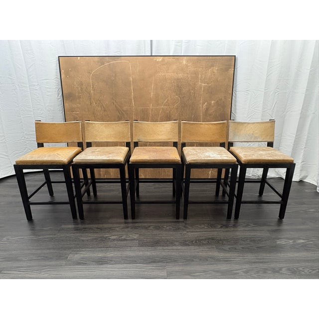Contemporary Rh Saddle Hair-on-Hide Counter Stools – Set of 5 Designed by Barlas Baylar | Camel Hair-on-Hide | Black Oak Finish For Sale - Image 3 of 16