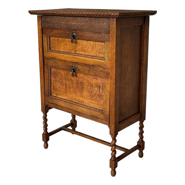 Antique Oak 2-Tier Cabinet with Turned Legs For Sale