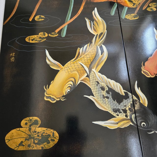 Mid 20th Century Mid 20th Century Two Panel Black Lacquered Koi Fish Lotus Flower With Dragon Fly Artist Signed For Sale - Image 5 of 15