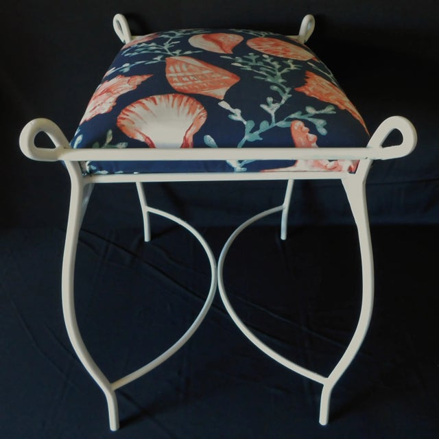 Vintage Mid Century White Iron Blue Coral Upholstered Vanity Stool Bench For Sale In West Palm - Image 6 of 13