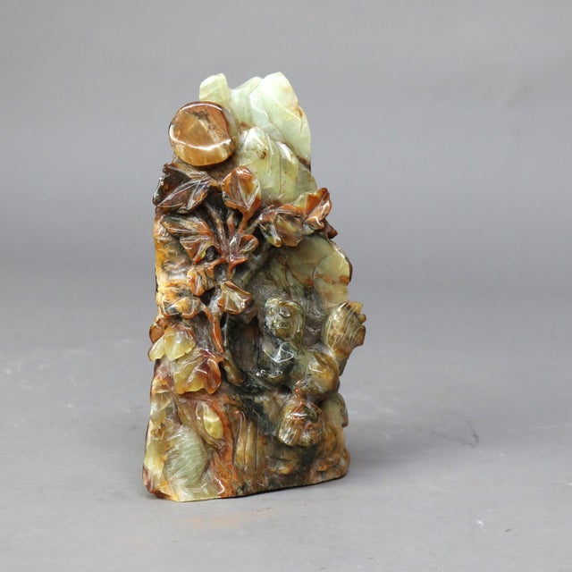 Early 20th Century Antique Chinese Figural Carved Emerald Onyx with Foo Dogs & Foliage, 1920 For Sale - Image 5 of 12