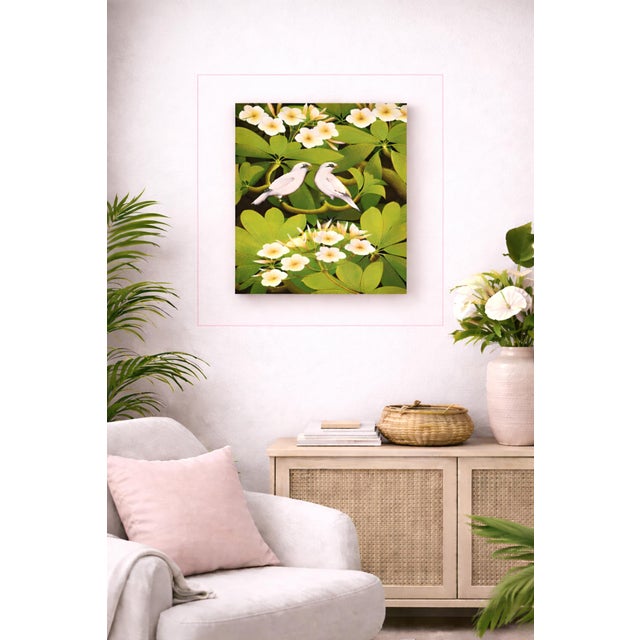 Flora Fauna Birds & Plumeria Acrylic on Canvas Painting For Sale - Image 4 of 4